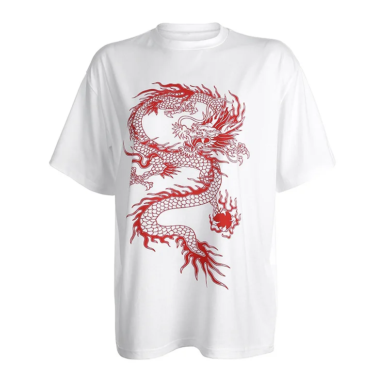 HIGAREDA 2020 Chinese Style Dragon Printing Fashion Street Loose BF Wind Short Sleeve Long T Shirt Women Crop Top harajuku | Женская