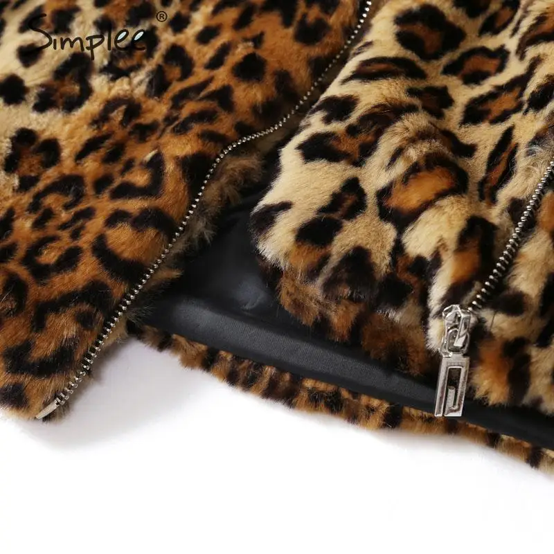 Simplee Leopard print women faux fur coat Lace up zippers pockets female warm overcoats Loose streetwear ladies winter jackets | Женская
