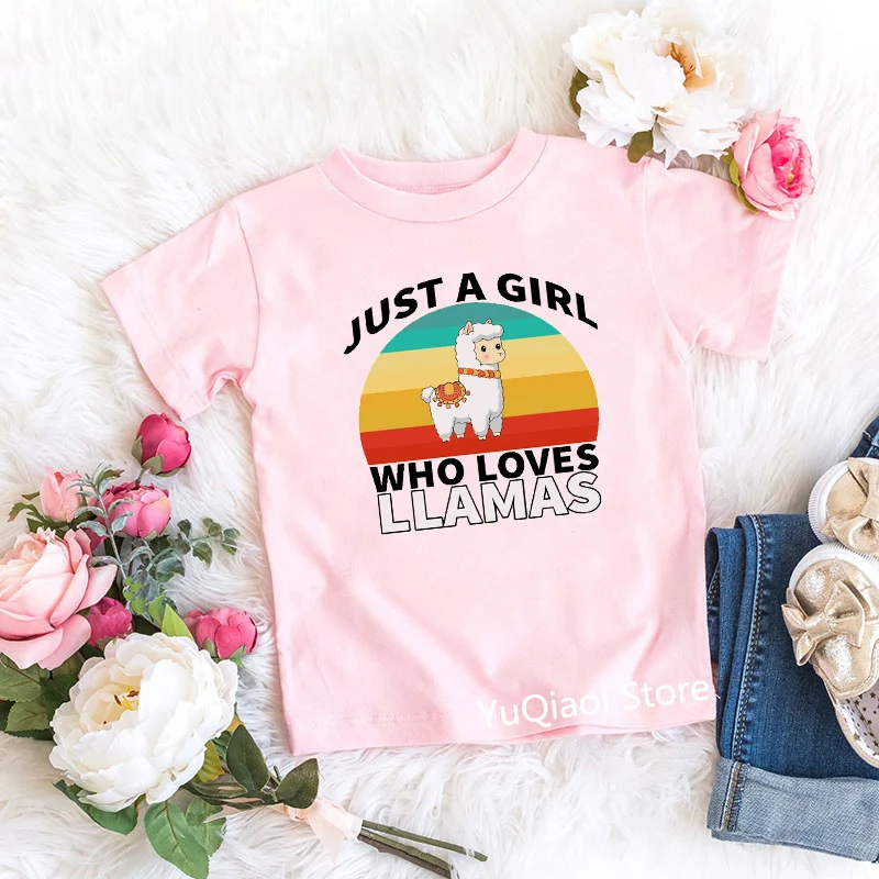 

Just A Girl Who Loves Llamas Children Funny Graphic T Shirts Summer Pink Clothes Cute Alpaca Animal Print White Short Sleeve Top