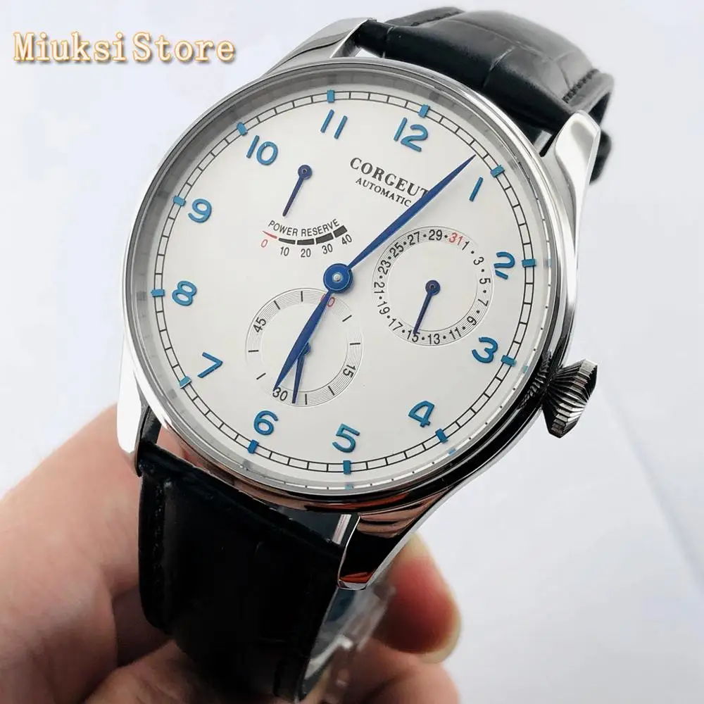 

New 42mm Corgeut silver case sapphire glass white dial date waterproof seagull movement automatic mens top luxury watch