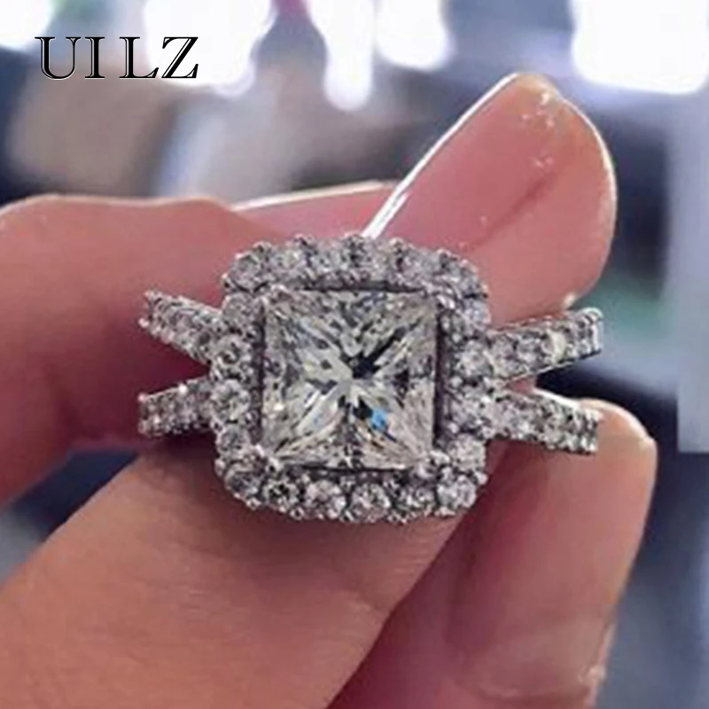 

Uilz 2021 New Trendy Elegant Zircon Rings for Women White Crystal Square Design Hot Sale CZ Ring Female Wedding Jewelry