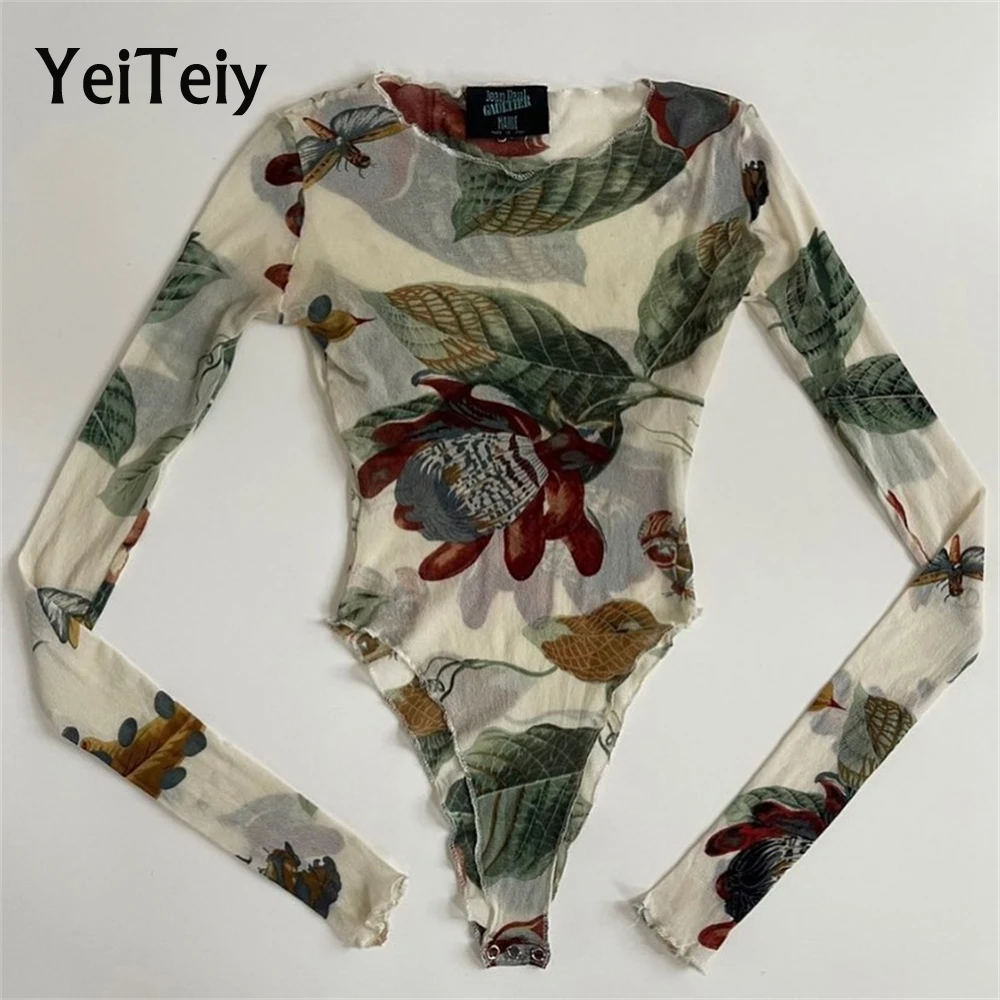 

Yeiteiy Autumn Thin Section Jumpsuits Ladies Floral Full Print Tight-Fitting Clothing Sexy High Waist One-Piece Wear