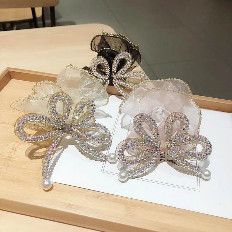

1 Piece Pearl Bow Headdress Crystal Organza Elastic Rubber Band Hair Band Ponytail Holder Hair Rope Female Fashion Ribbon