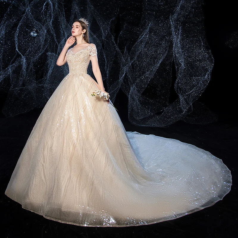 Wedding Dress Luxury Sequins Champagne Court Train Ball Gown Princess Cut-out Dresses Vestido De Noiva Custom Size | Свадьбы и