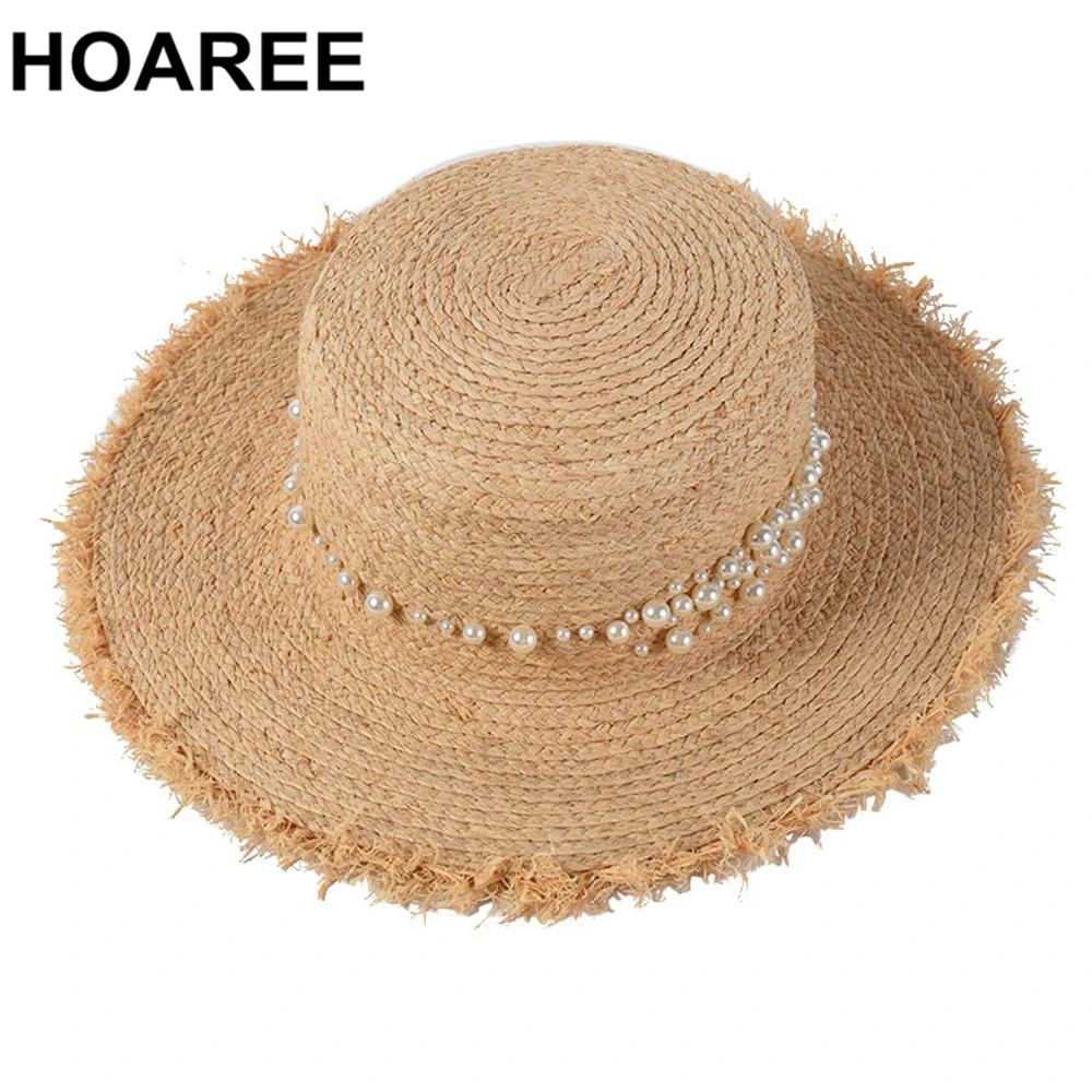 

HOAREE Raffia Sun Hat for Womens Summer Caps Pearl Decoration Wide Brim Beach Boater Hat Sombrero Ladies Chapeau