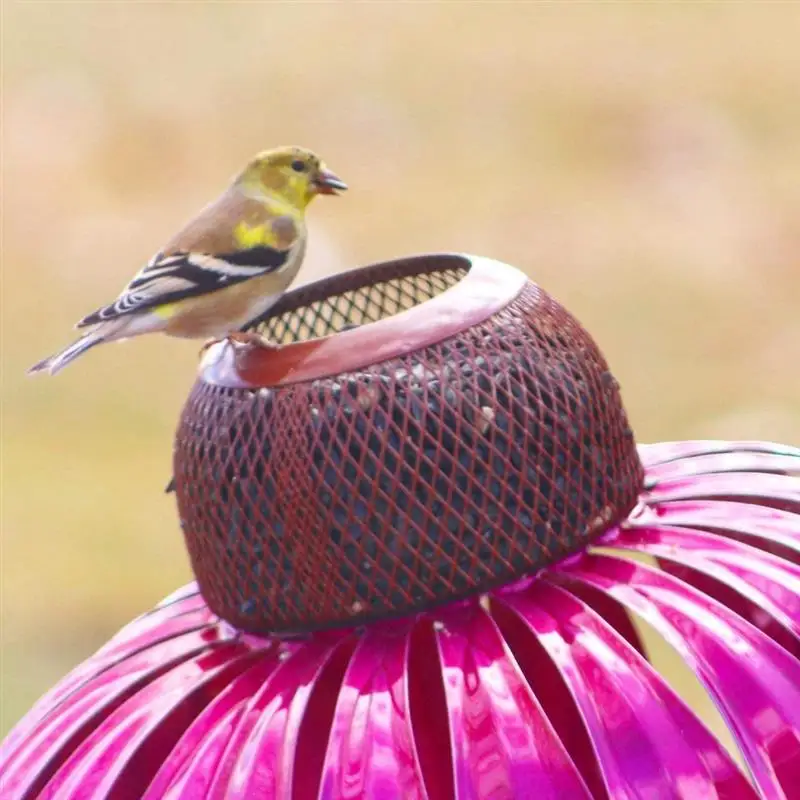 

Bird Feeder Metal Flower Stakes Beautiful Pink Coneflower Bird Seed Tray for Yard Garden Decor