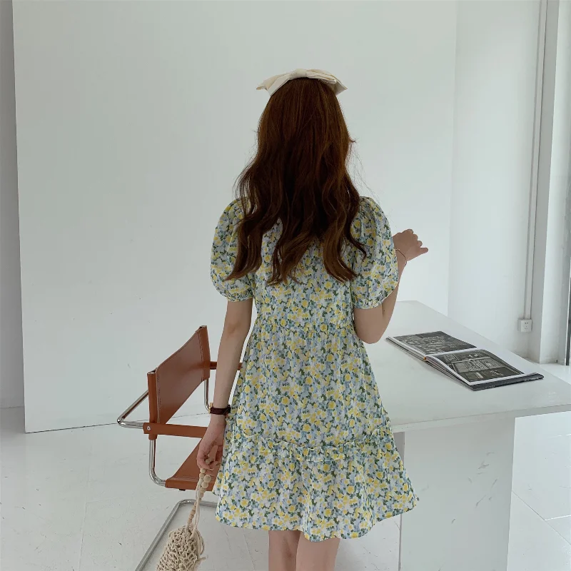 

Floral Printed Puff Sleeves Square Collar Ladies Dress Fashion Summer Women Lace Up High Waist Mini Dress Casual Female Dresses