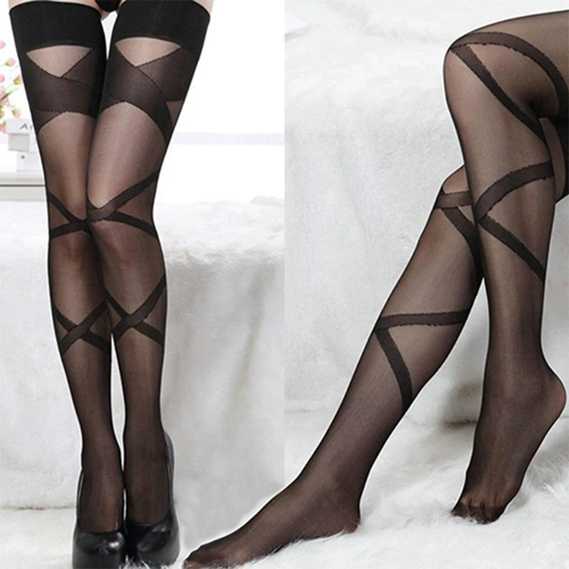 

Women Sexy See Through Black Thigh High Stockings Criss Cross Striped Print Patterned Over Knee Long Socks Lingerie Hosiery Club