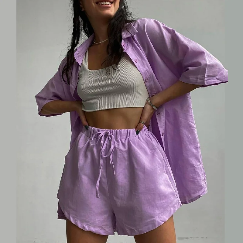 

Casual Women Summer Long Sleeve Blouse Tracksuit Shorts Set Loose Tops And High Waisted Mini Shorts Two Piece Set 2021