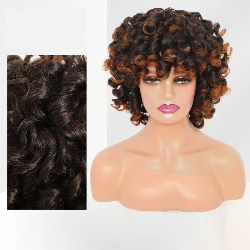 

Afro Short Black Omber Brown Curly Wavy Wig Synthetic Wig With Bang Heat Resistant Fiber For Afro Women Daily Party Use