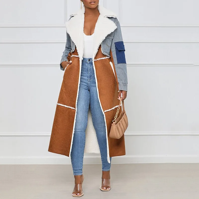 

Ladies lamb wool coat, new winter denim hooded thickened long cotton jacket