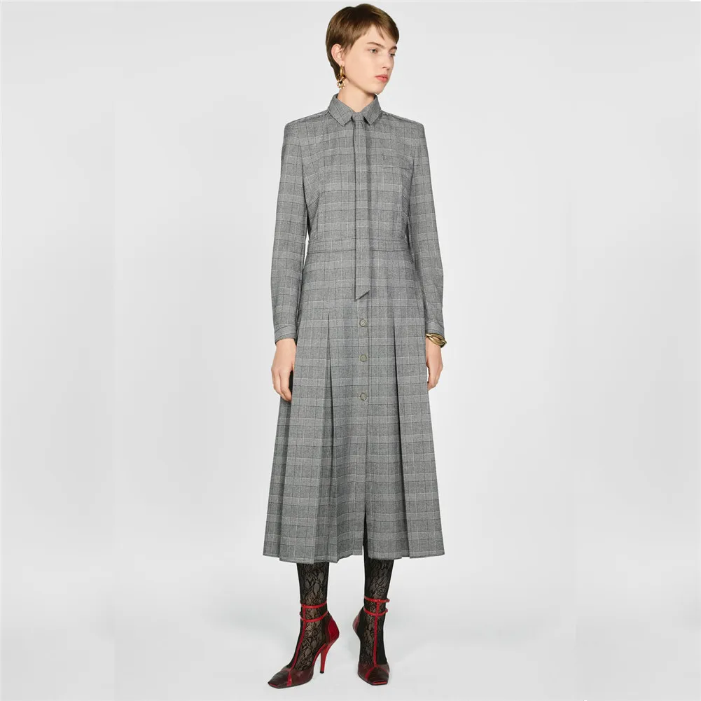 Ladyfirsy ZA клетчатые тонкие платья женские 2019 английский стиль бант воротник стойка