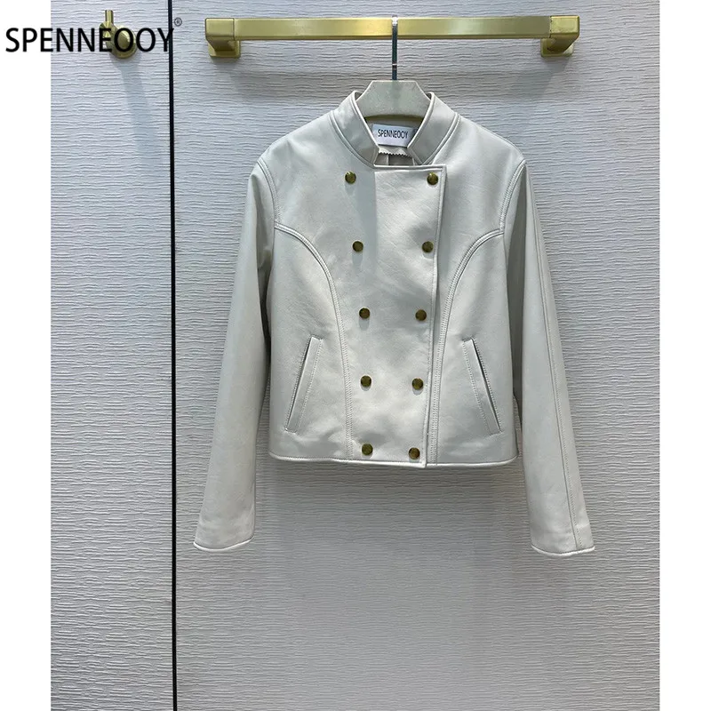 

SPENNEOOY Designer Brand Autumn Winter White Genuine Leather Jackets Coat Fashion Double Breasted Sheepskin Outwear