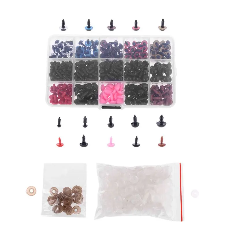 

376 Pcs Colorful Plastic Crafts Safety Eyes Nose 15 Grid 5-12mm Kit with Washer for Bear Soft Dolls Craft Toy Animal Doll H9EF