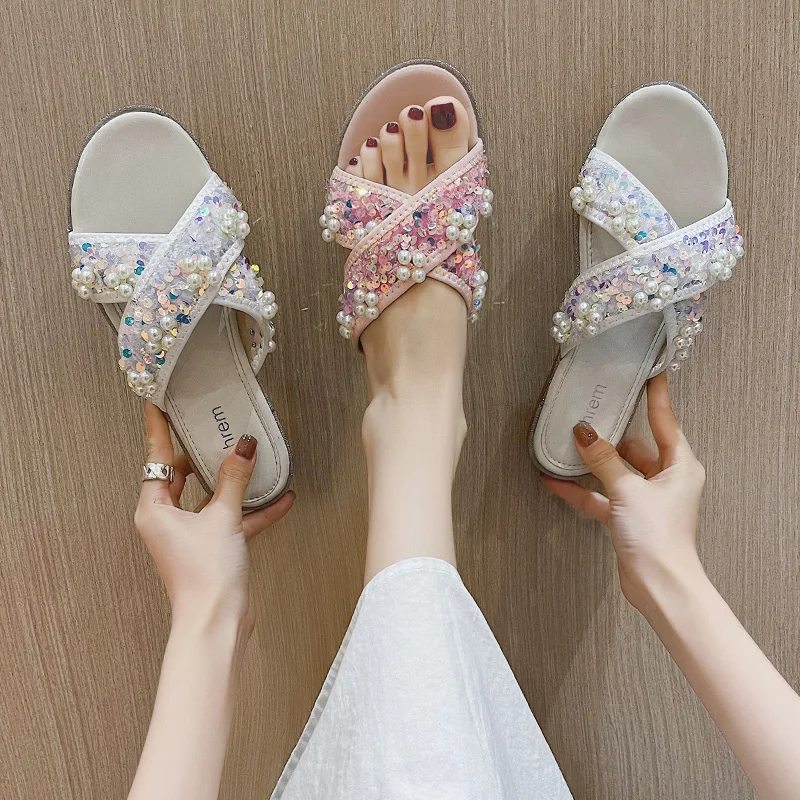 

Shoes Woman's Slippers String Bead Shale Female Beach Slides Fashion 2021 Summer Flat Sabot Luxury Basic Bling PU Flat Shoes Fem
