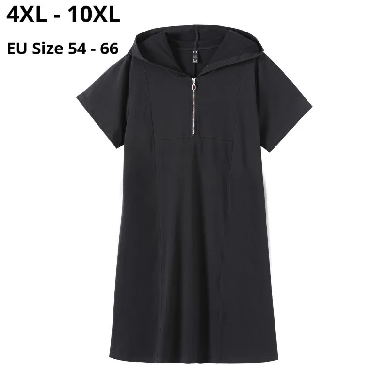 

Plus Size 10XL 8XL 6XL 4XL Women Short Sleeves Summer Dresses Femme Cotton Spandex Black Clothing Hooded Basic Dress For Mujers
