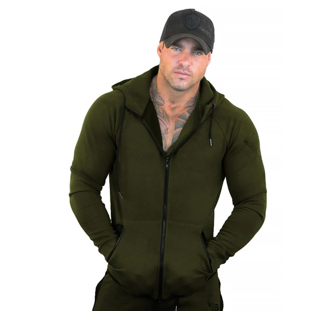 army green Осенне-зимние спортивные толстовки с капюшоном для мужчин однотонные тренировочные толстовки на молнии для бега брендовые толстовки для бега - Цвет: army green