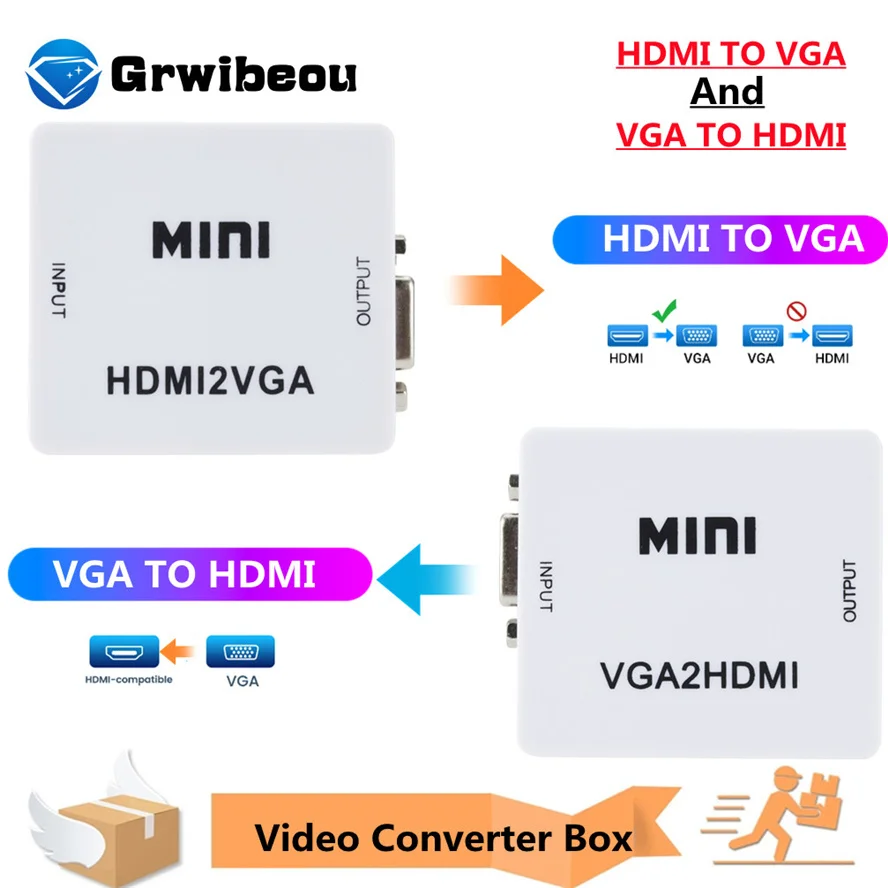 Портативный Преобразователь Grwiebou с Mini HDMI на VGA VGA2HDMI видео бокс аудиоадаптер 1080P
