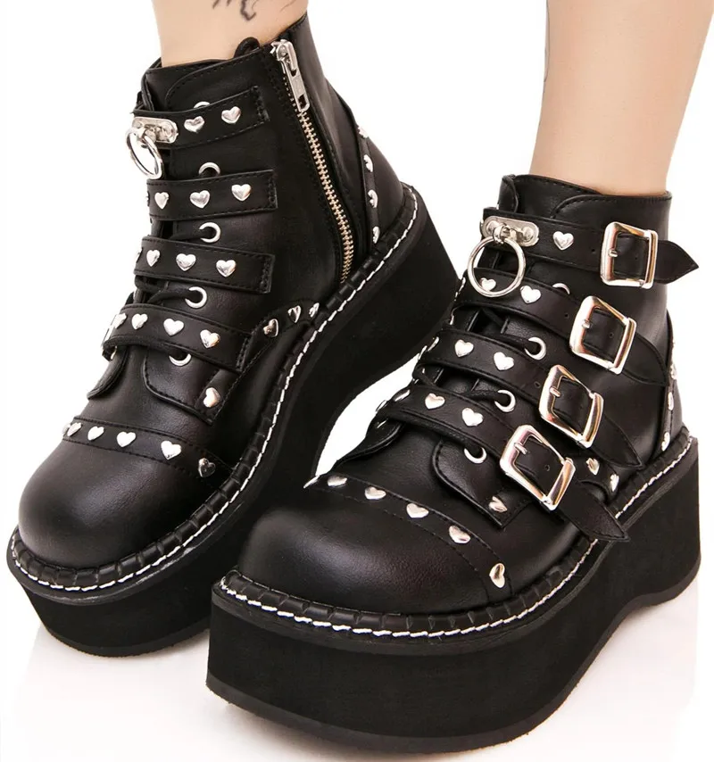 

2021 Ladies Ankle Boots Fashion Autumn Solid Color Cool Women Platform Shoes Punk Lace Up Wedges Zipper Female Outdoor Shoes