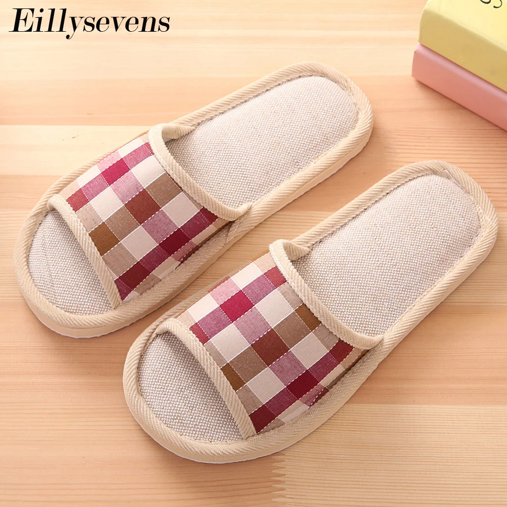 Шлепанцы мужские льняные в клетку домашние тапочки для пар Эва легкие