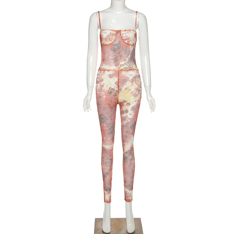 

92K20Q08691 Summer fashion women's new sexy hollow out chest wrapped suspender printed high waist Jumpsuit