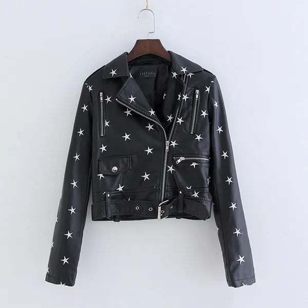 NXH Street Fashion PU Leather Jacket New Womens Star Embroidery Casual Motorcycle Jackets bright streetwear clothes women - Color: 1
