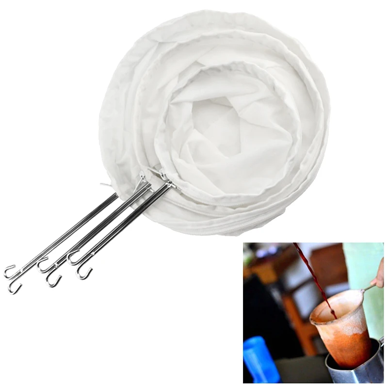 

White Reusable Cloth Filter Bag Nut Milk Tea Coffee Juices Cheese Bag Strainer Stainless Steel Ring + Cotton Cloth Teaware