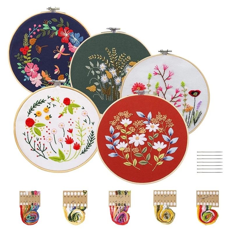 

5 Pack Embroidery Starter Kit with Pattern, Embroidery Kits with 5x Bamboo Embroidery Hoop for Home Room Decoration