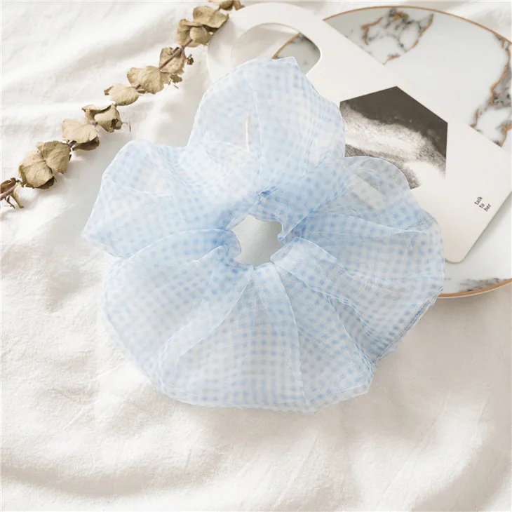 Women Summer Oversize Large Scrunchies Plaid Pattern Cute Adorable Fluffy Scranchis Big Organza Hair Bands Tule |
