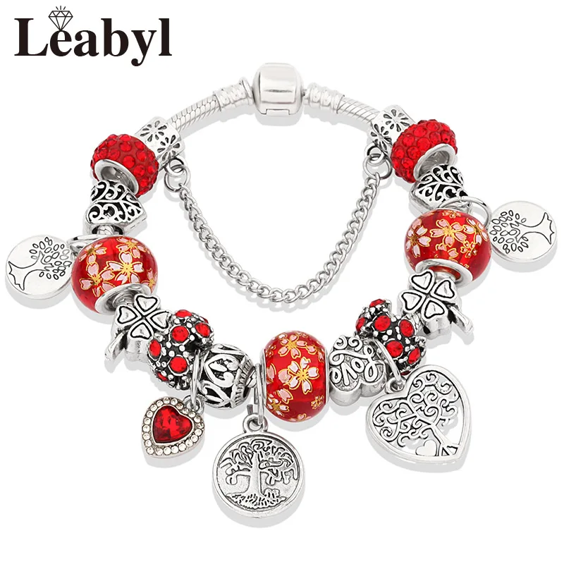 L80827 Red Stering 925 серебряных Древо жизни Мода шарик кастрюле браслет Зеленый Кристалл Цветочный листьев прелести кнопки и браслет pulsera - Окраска металла: L80827 Red