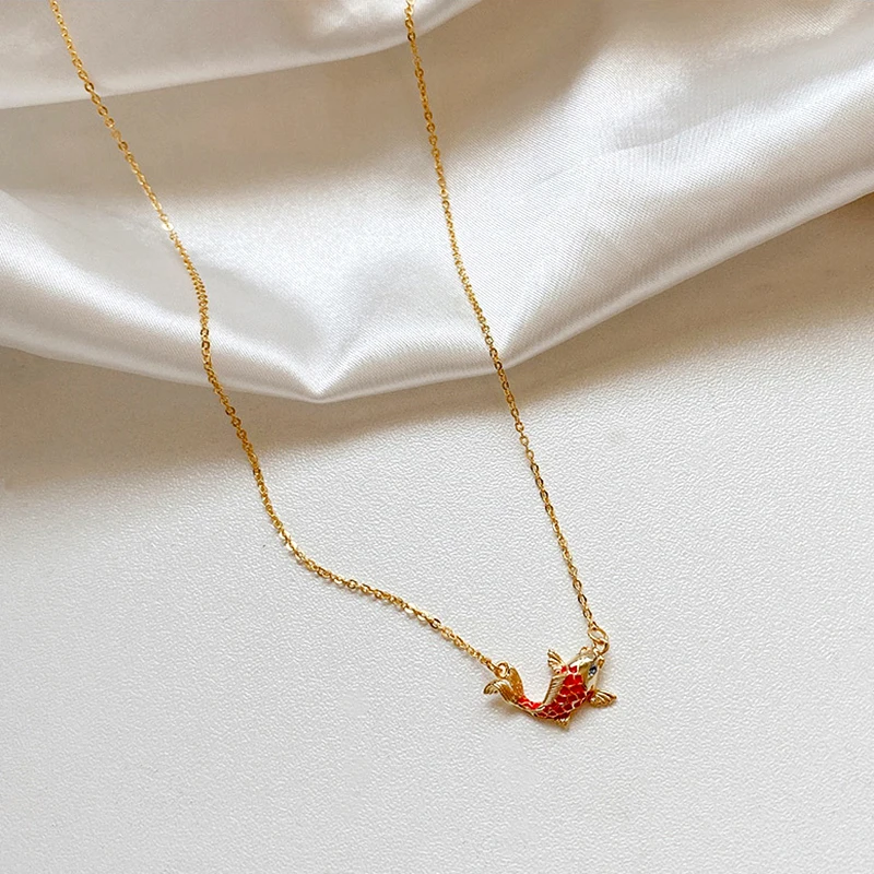 

New Popular Design 14K Real Gold Lucky Koi Fish Pendant Chain Necklace for Women Girl Enamel Jewelry AAA Zircon Birthday Party