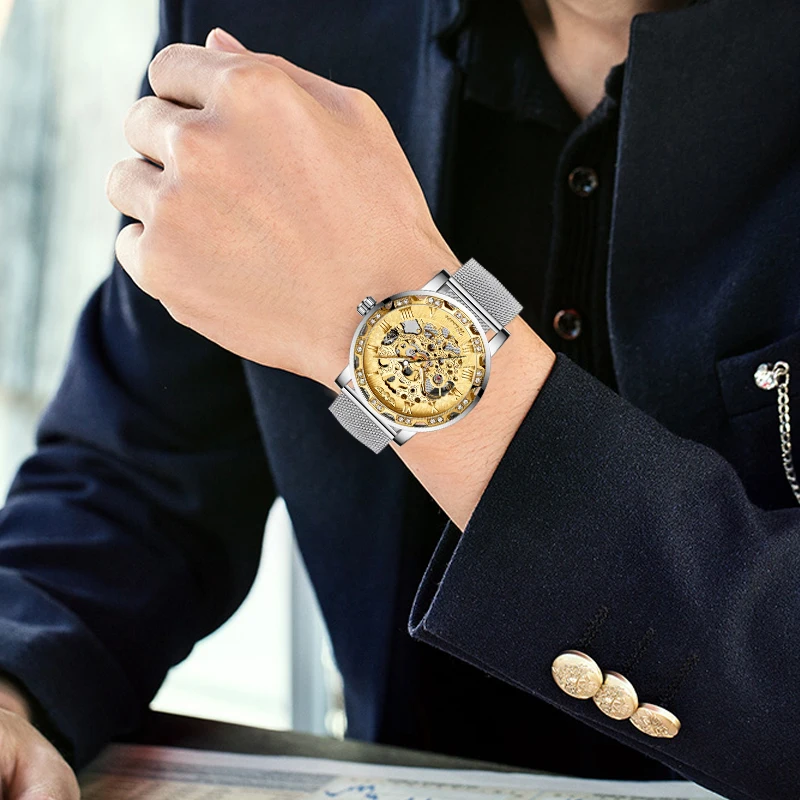 Часы WINNER Мужские механические золотистые прозрачные с римскими цифрами на