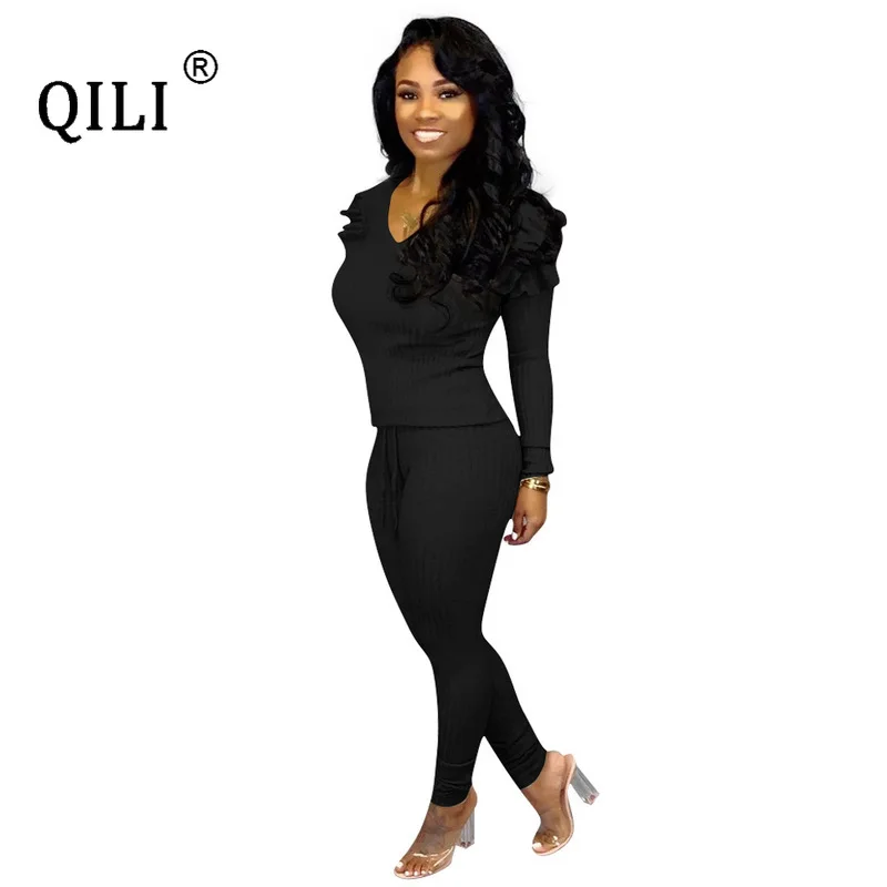 QILI Plus Size Two Piece Set Jumpsuits Womens Stretch Twill Ruffles Long Sleeve 2 Piece Outfits Casual Jumpsuits Autumn Jumpsuit