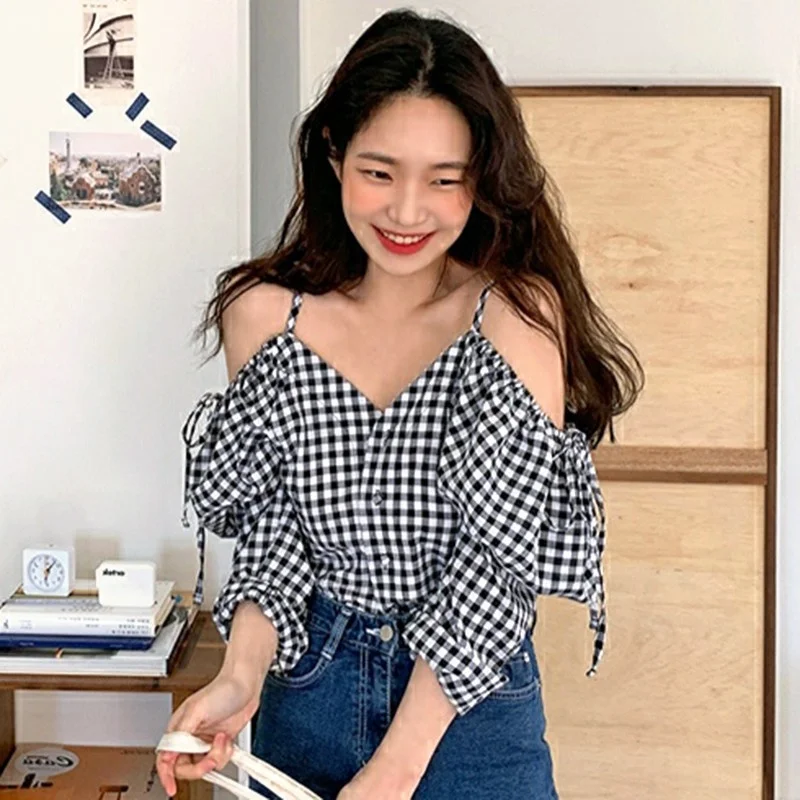 

Korean Chic Elegant Sexy Slimming V-Neckline off-the-Shoulder Lace-up Puff Sleeve Black and White Plaid Suspender Shirt for