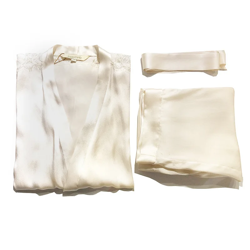 

New Silky Pajamas Suit Women's Summer 100% Silk Short Sleeved 2PCS Sleep Set V-neck Top&pants Nightwear With Belt Home Clothing