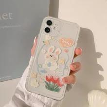 Retro kawaii rabbit Sweet Flowers Japanese Phone Case For iPhone 13 11 12 Pro Xs Max XR X 7 8 Plus 7Plus case Cute Clear Cover