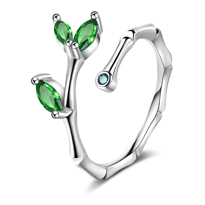 

Minimalist Green Zirconia Vintage Cocktail Ring Bamboo Joint Leaves Simplicity Silver color Rings for Women Size Adjustable