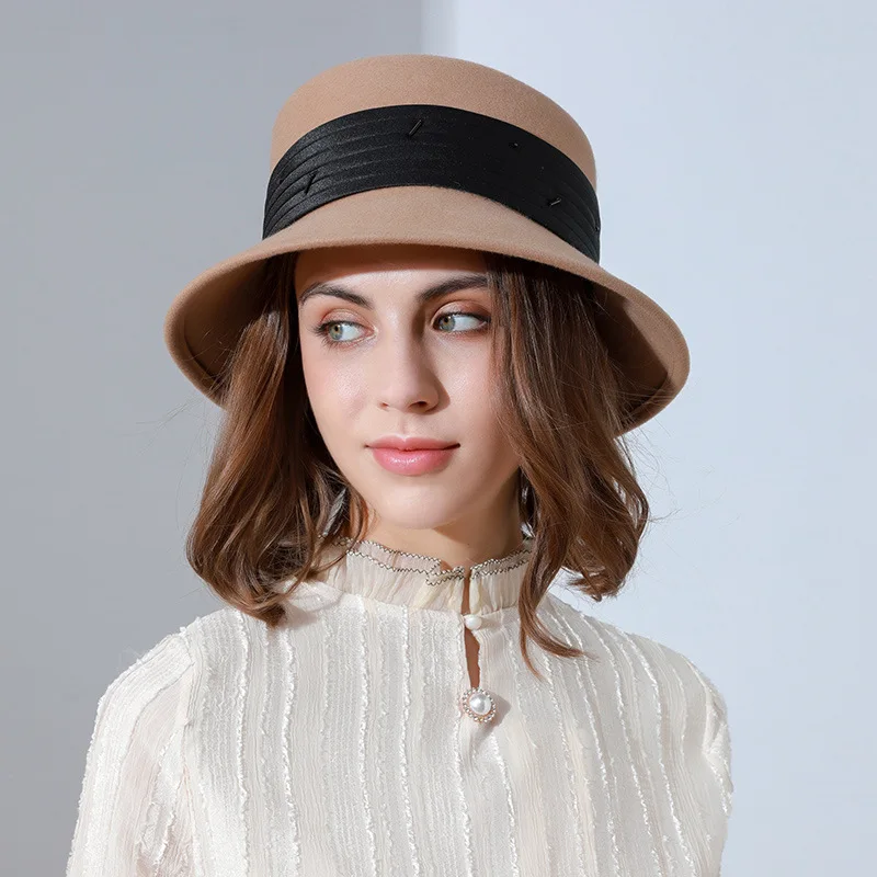 

The New 2022 European And American English Short Wool Felt Hat Flat Hat Brim Hat Female Ribbon Luxury Cashmere Hat