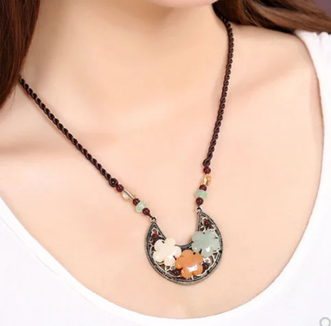 

Ethnic style short necklace Aventurine jade flower pendant accessories Chinese style decorations