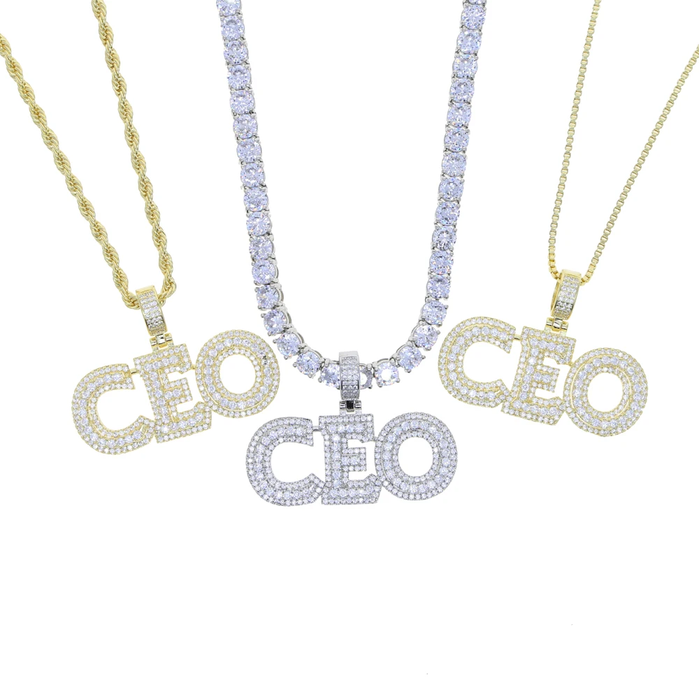 CEO Pendant Iced Out Bling Cubic Zircon Letters Nekclace With 5MM CZ Tennis Rope Chain For Women Men Hiphop Choker Necklace