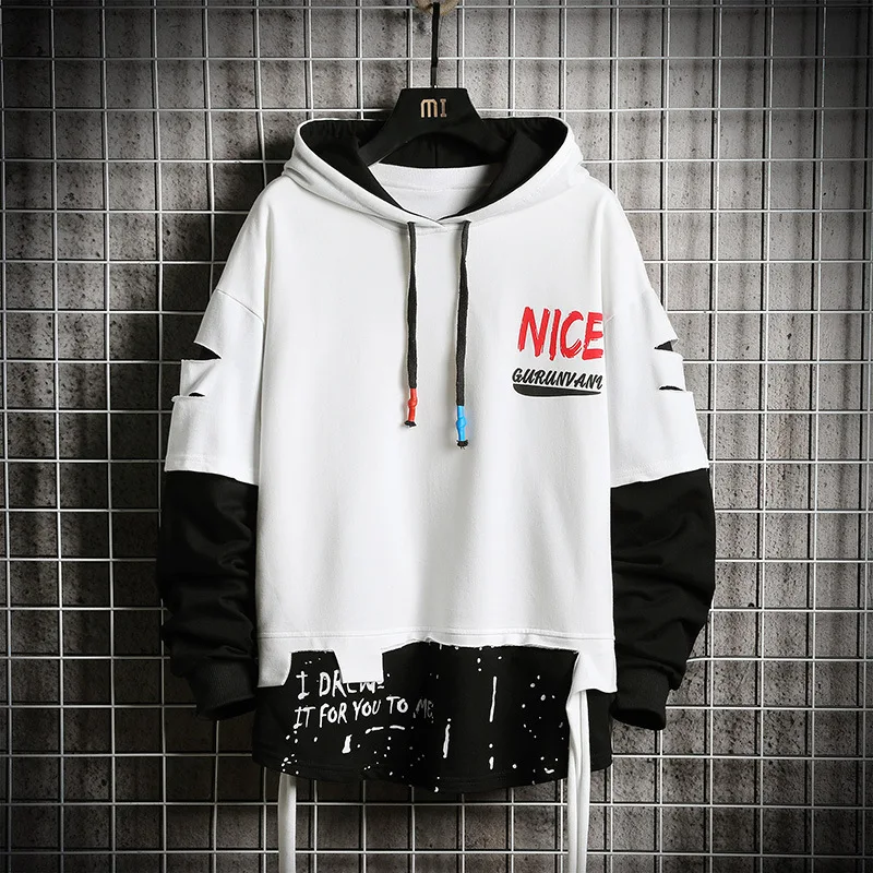

2021 New Oversized Men's Hoodies Men Ripped Patchwork Hip Hop Japanese Streetwear Harajuku Blue Hoodie Men Sweatshirt Male