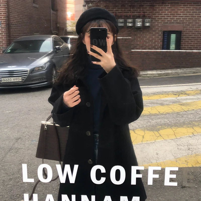 

Шерстяное пальто средней длины, маленькое плотное черное однобортное пальто