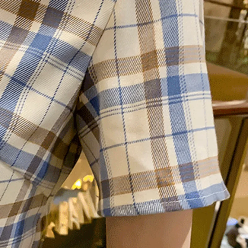 

2021 Summer New Korean Version Ensembles Femme Short-sleeved Plaid Top Hip Skirt Two-piece Sets Small Fragrance Lady Skirts Suit