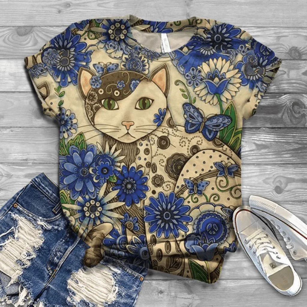 

Animal cat Printed Plus Size woman tshirts O Neck Short Sleeve graphic tees women harajuku vintage Tops 5