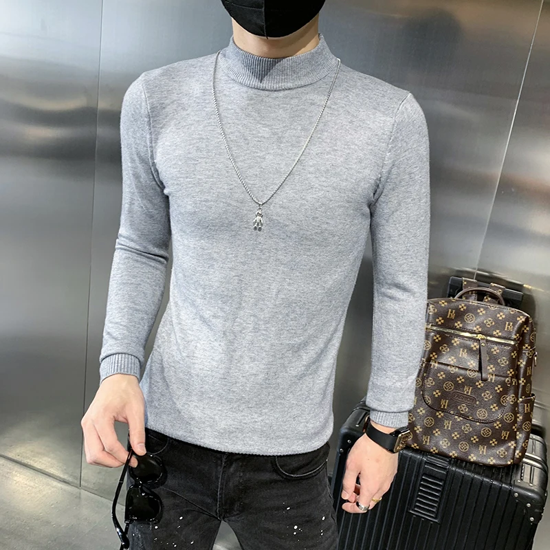 

2021 Autumn Winter Pullover Sweater Men Slim Long Sleeve Knittwear Half Turtleneck Bottoming Shirt Business Social Men Clothing