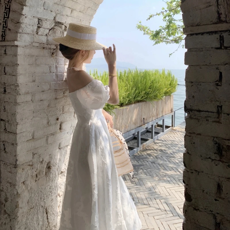 

Gentle wind white jacquard dress female summer in new hubble-bubble sleeve super sweet fairy temperament chiffon dress