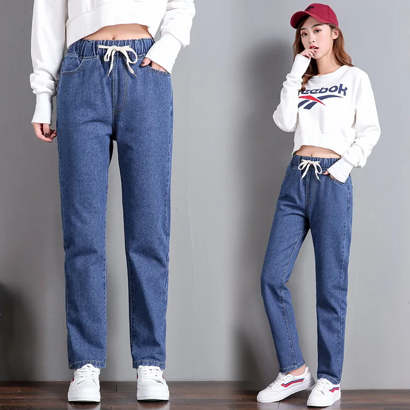 Women's Pants Trousers 2020 Korean Straight Leg Casual Elastic Waist Tie High Loose nine-point Sweatpants Women WBX688 | Женская