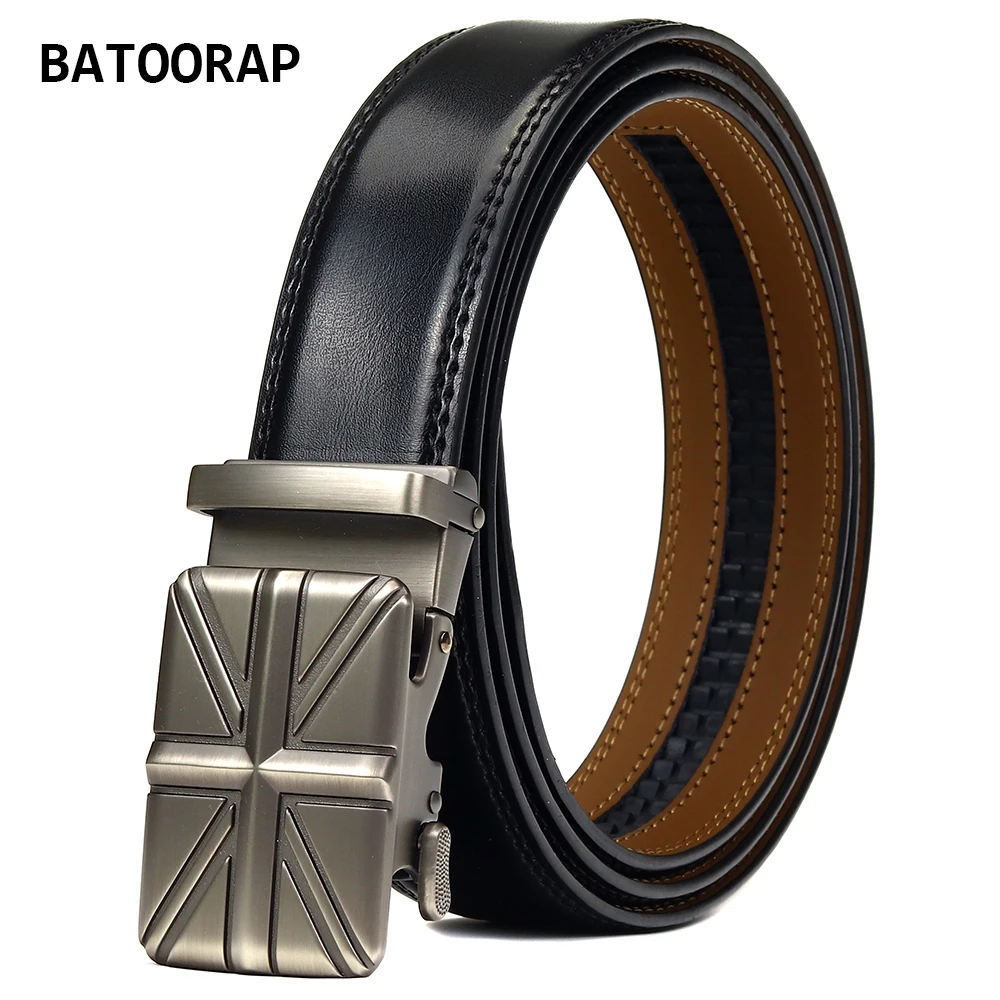 

BATOORAP Fashion Design Mens Belts Genuine Leather Alloy Buckle Automatic Print Flag Black Cowhide Male Casual Waistband WL-E060