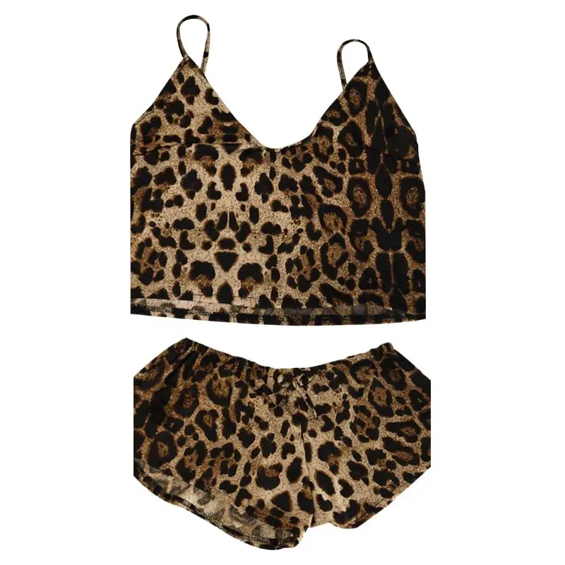 

Women Plus Size Faux Silk Lingerie Set Sexy V-Neck Crop Top Drawstring Waist Shorts Retro Leopard Print Pajamas Sleepwear
