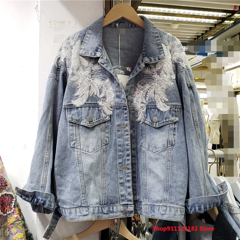 

European Station 2021 Spring and Autumn European Goods New Heavy Industry Beaded Sequins Mesh Loose and Thin Denim Jacket Women